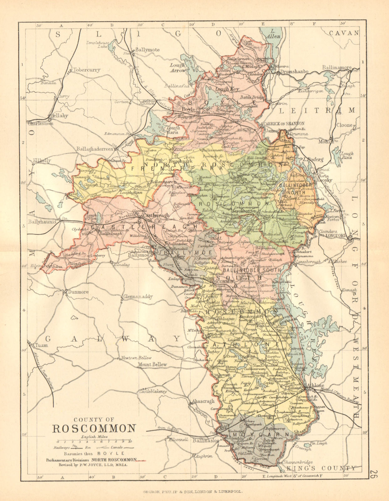 COUNTY ROSCOMMON. Antique county map. Connaught. Ireland. BARTHOLOMEW c1902